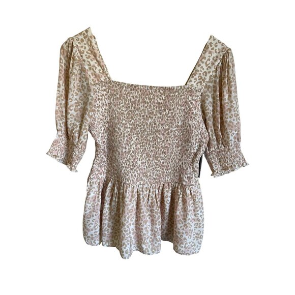 New! Nine West Size Large Smocked Peasant Top Leopard Animal Cheetah Print Short - Picture 2 of 8